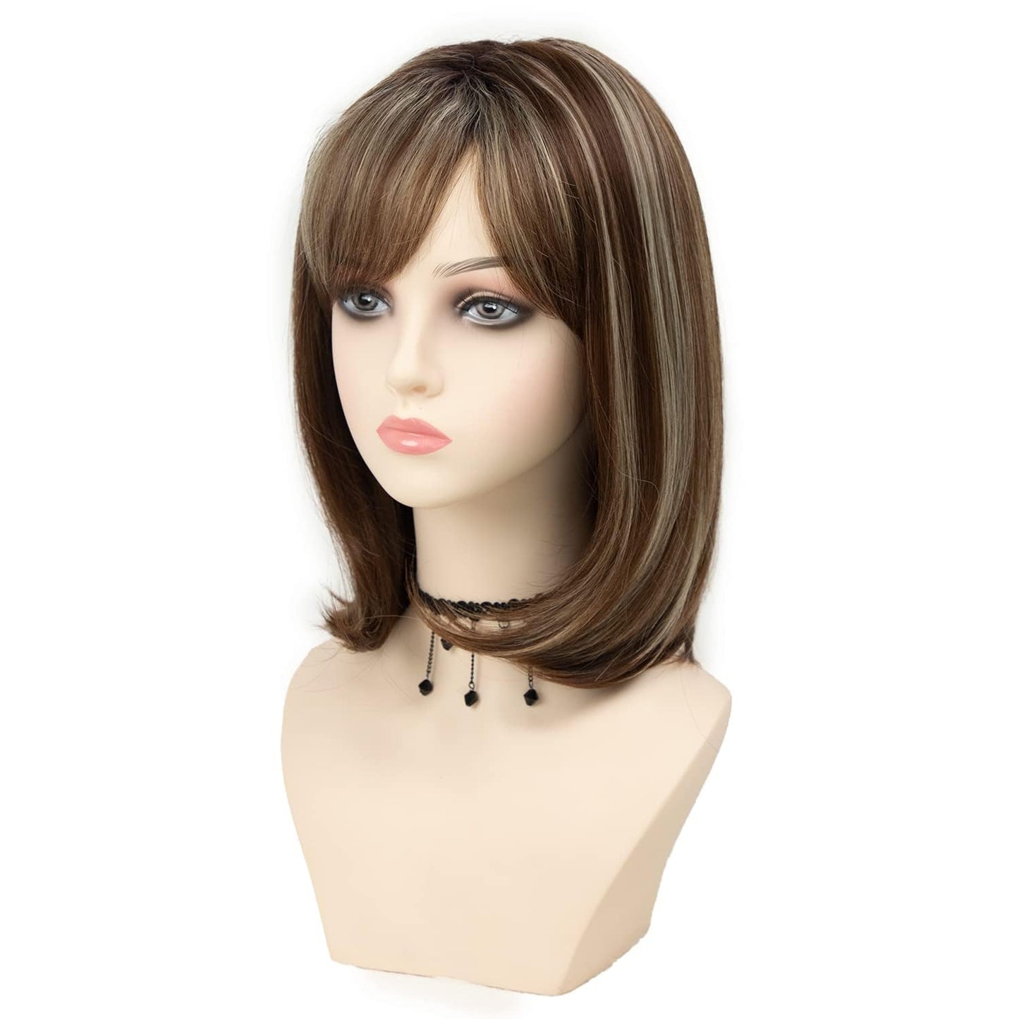  Short Ombre Brown Bob Wigs for White Women Brown with Blonde Highlight Layered Straight Bob Wig with Bangs Shoulder Length Synthetic
