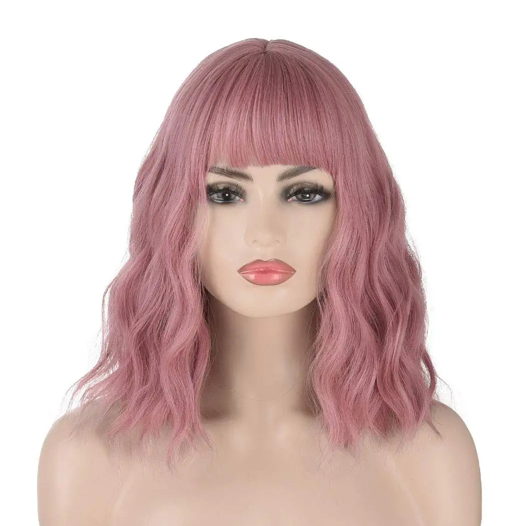 Pink Wavy Hair Wig with Bang