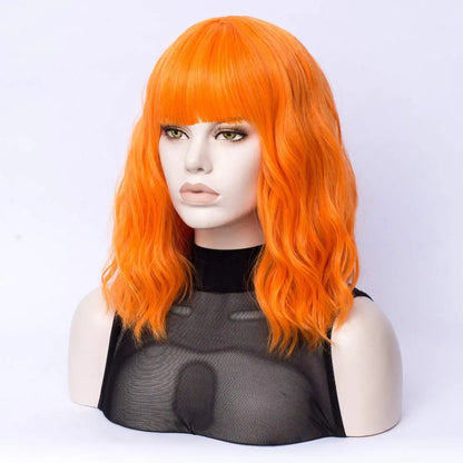 Orange Short Wavy Hair Wig with Bang