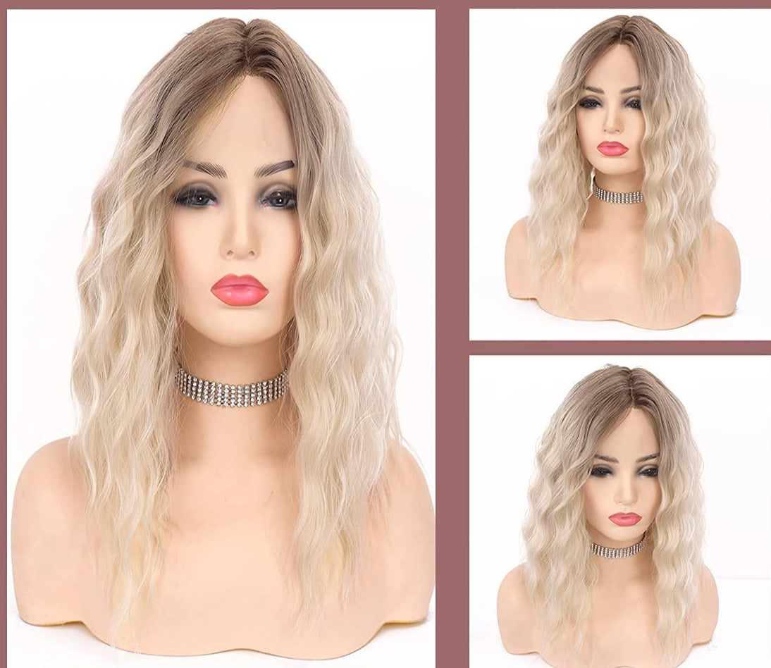 Platinum Blonde Short Curly Wig for Women, Ombre Brown Blonde Synthetic Hair Blonde Wig Short Wob Wig 12 inch 