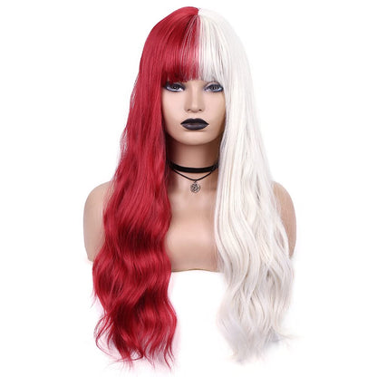 Split Dye White Red Wavy Wigs With Bangs