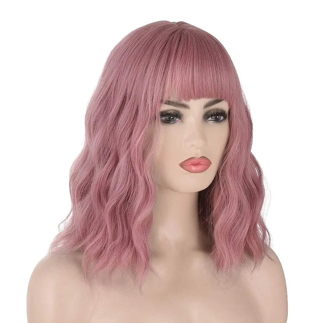 Pink Wavy Hair Wig with Bang