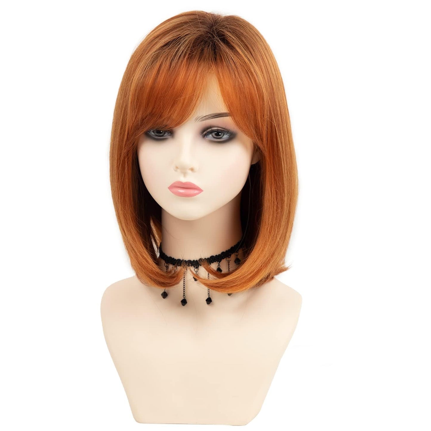 Short Ombre Orange Bob Wig with Bangs Ombre Orange Mixed Auburn Highlight Straight Hair Wigs for Women Medium Length Heat Resistant Synthetic Hair Wig for Cosplay Part