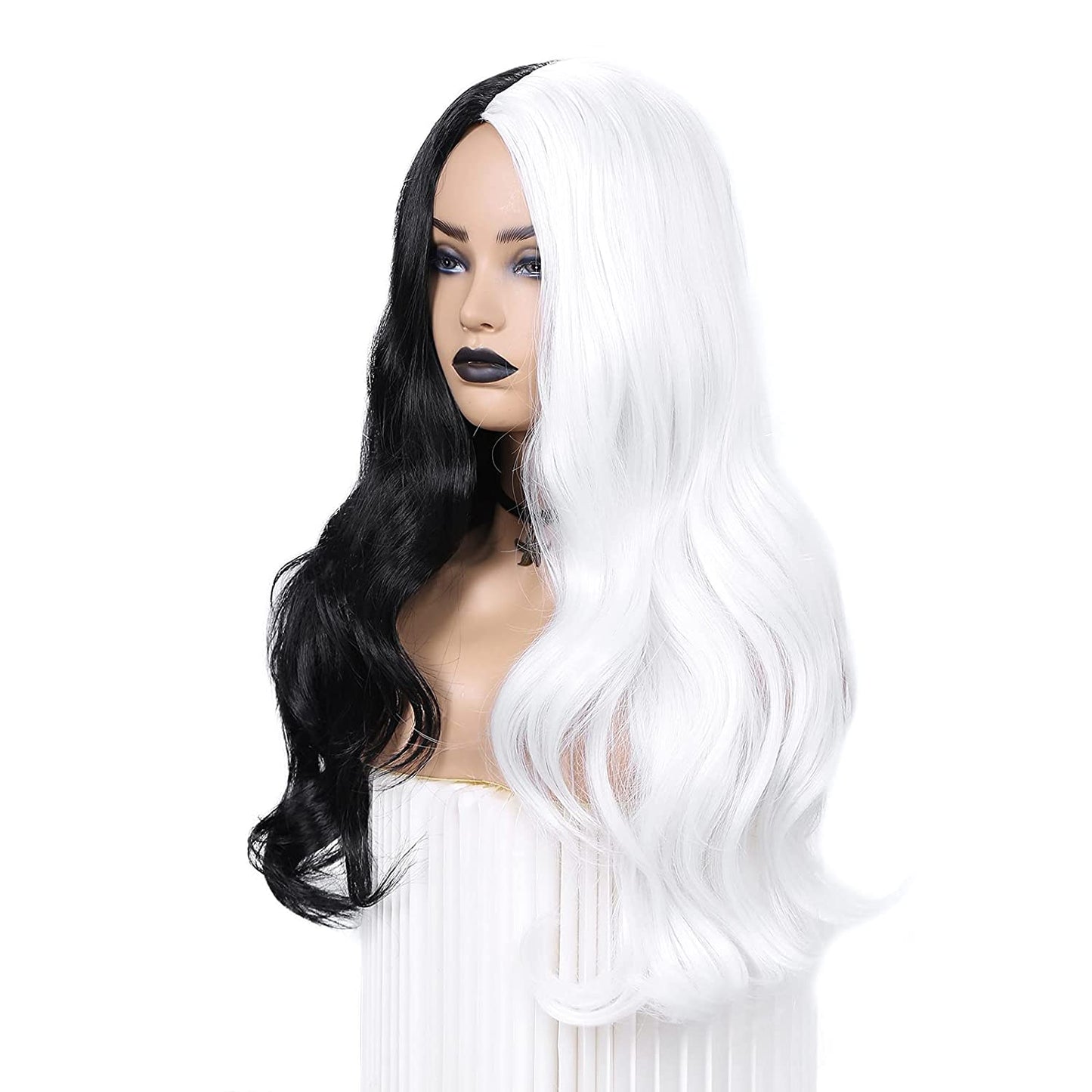 Half Black Half White Long Curly Wavy Wigs Synthetic Long wavy Wig Daily Party Cosplay Wigs