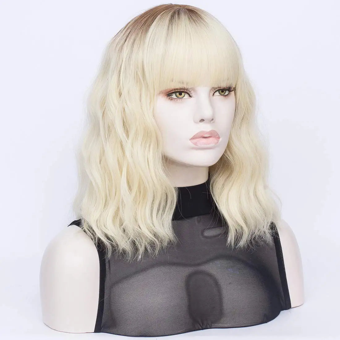 Short Ombre Blonde Wavy Hair Wig with Bang