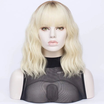 Short Ombre Blonde Wavy Hair Wig with Bang