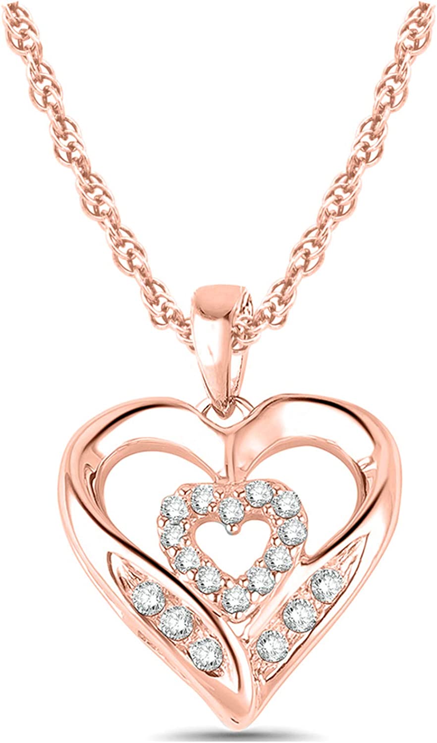 10K Yellow, Rose or White Gold Diamond Heart Necklace For Women Rose Gold Chain