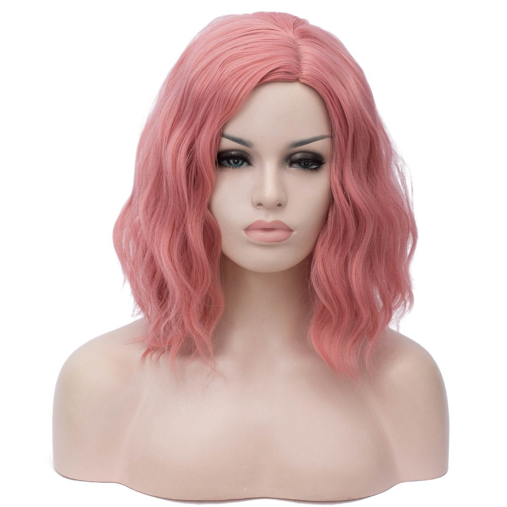 peach pink wavy wig HAIR Synthetic Curly Bob Wig with Bangs Short Bob Wavy Hair Wigs Wine Red Color Wigs for Women Bob Style Synthetic Heat Resistant Bob Wigs. cosplay wigs