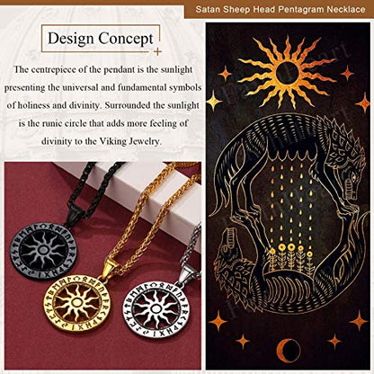 Viking Jewelry Sun Pendant Necklace Black Retro Amulet Charms for Boys