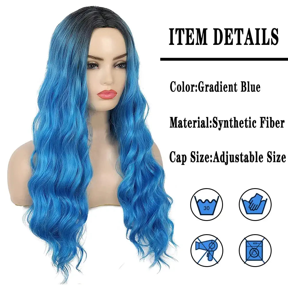Ombre Blue Long Straight Hair Wig with Bang