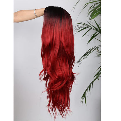 Long Black Roots Red Wavy Wig for Women