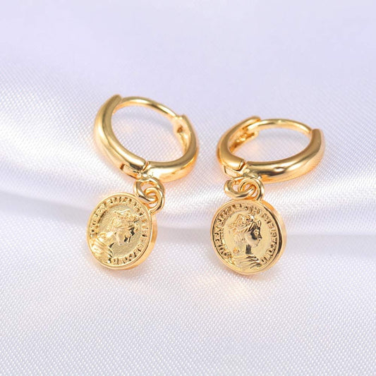 18K Gold Coin Dangle Earrings for Women