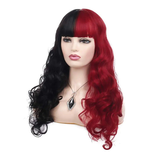 Half Black Half Red Split Dye Hair Wig With Bangs