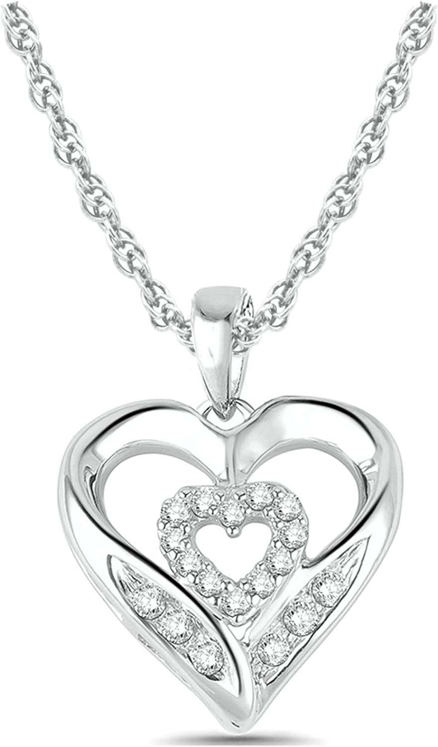 10K Yellow, Rose or White Gold Diamond Heart Necklace For Women