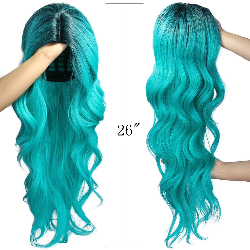 Ombre Black Roots Teal Curly Wig Sheer Beaut Jewelry