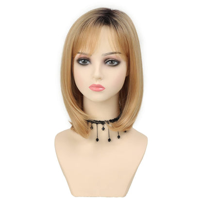 Ombre Blonde Bob Layered Short Hair Wigs for White Women Light Blonde Natural Straight Hair Wig with Bangs