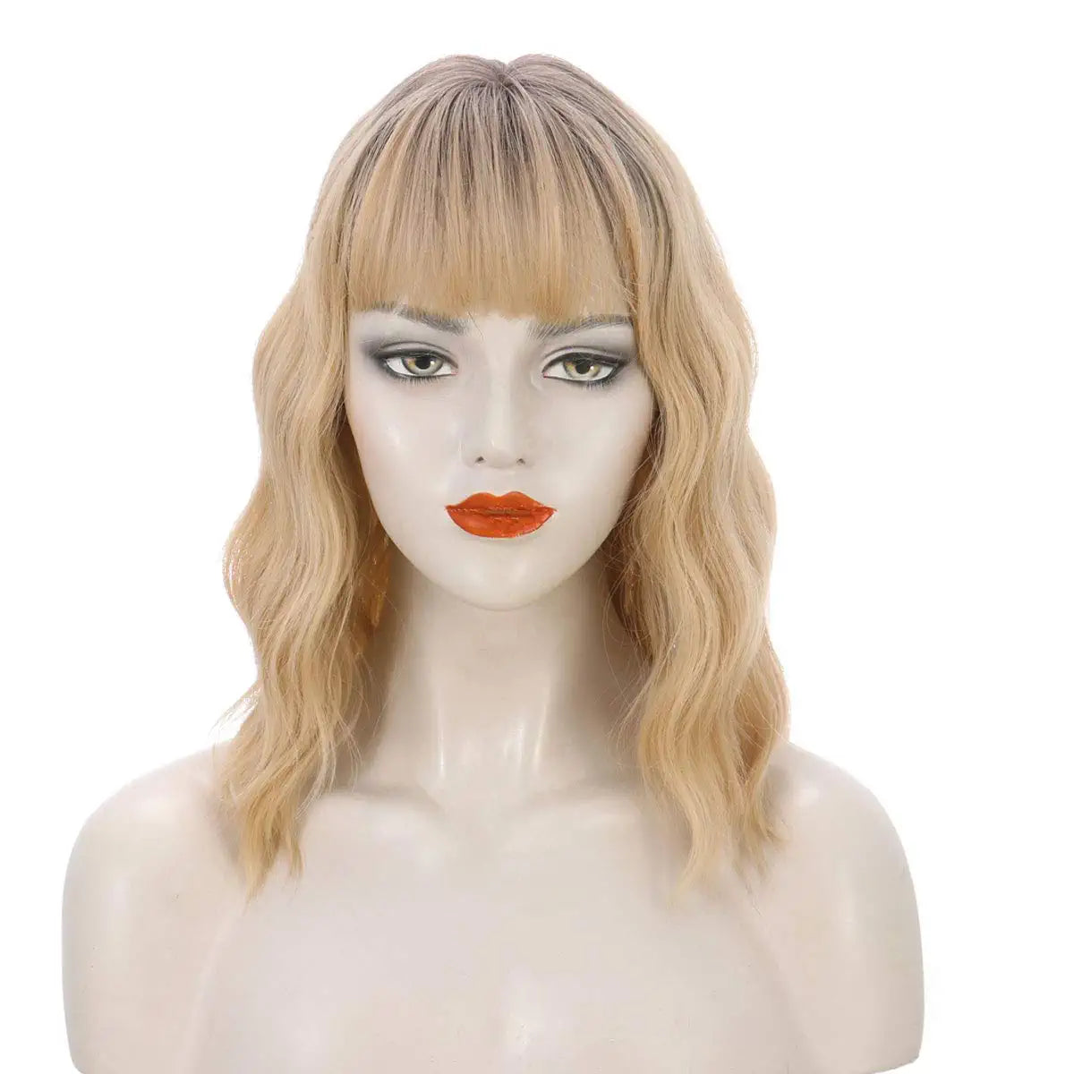 Ombre Dirt Blonde Short Bob Wavy Hair Wig with Bang