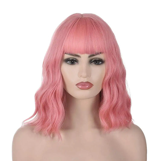 Short Pink Bob Wavy Hair Wig with Bang