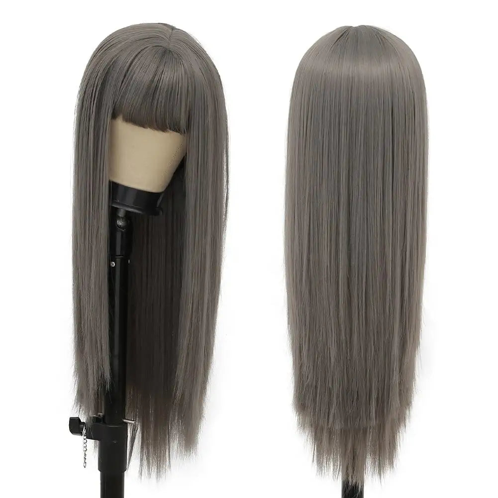 Grey Long Straight Hair Wig with Bangs