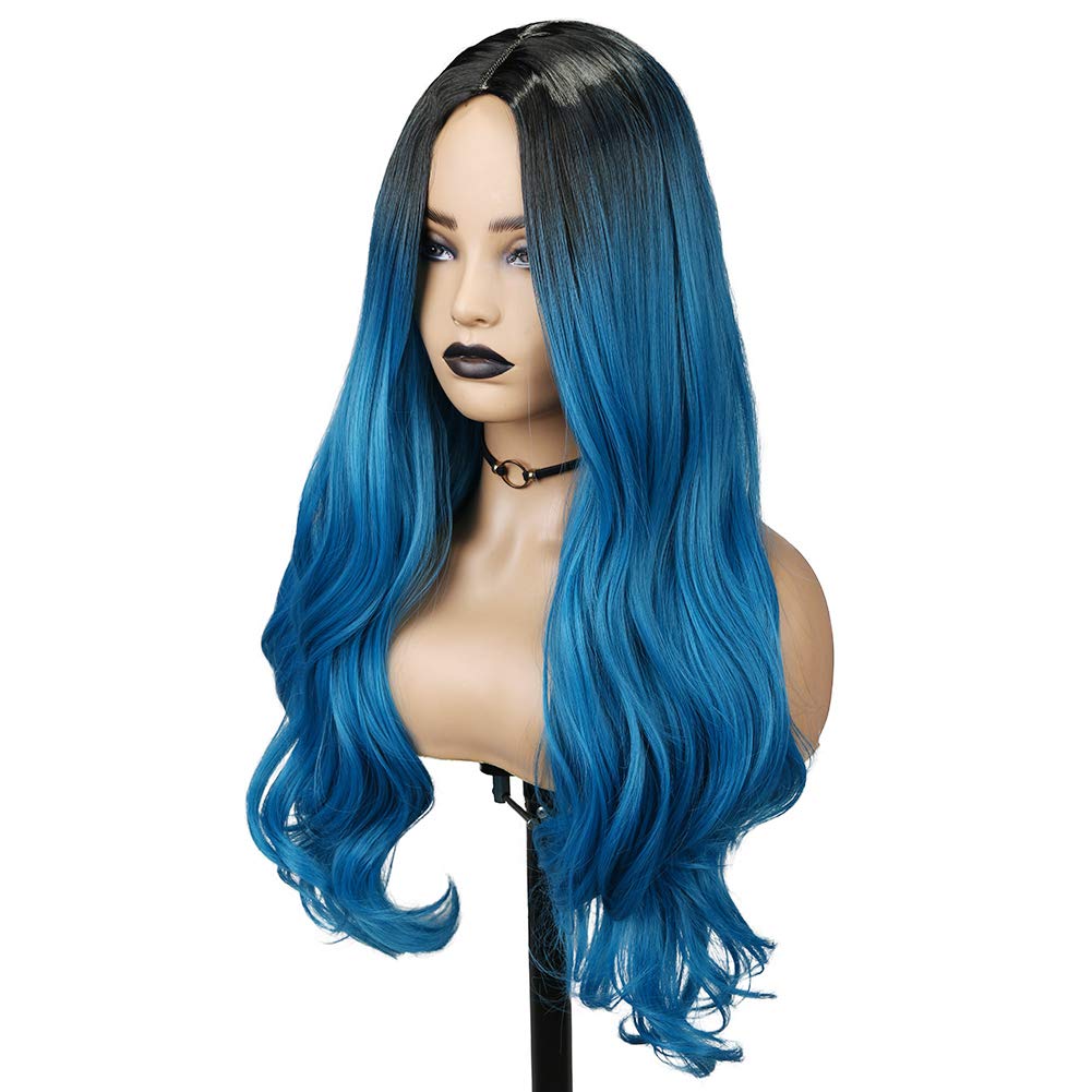 Ombre Blue Long Curly Wigs for Women