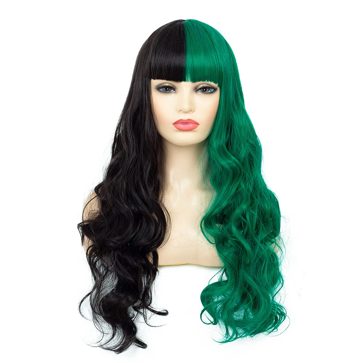 Half Black Half Green Split Dye Hair Wig With Bangs Sheer Beaut