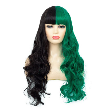 Half Black Half Green Split Dye Hair Wig With Bangs