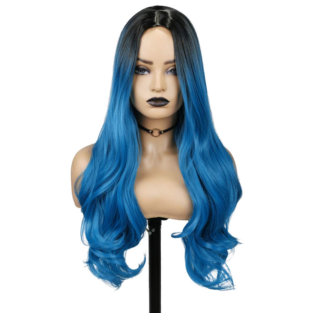 Ombre Blue Long Curly Wigs for Women