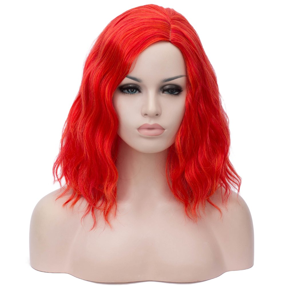 bright red wavy wig HAIR Synthetic Curly Bob Wig with Bangs Short Bob Wavy Hair Wigs Wine Red Color Wigs for Women Bob Style Synthetic Heat Resistant Bob Wigs.