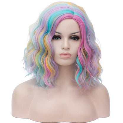 rainbow wig HAIR Synthetic Curly Bob Wig with Bangs Short Bob Wavy Hair Wigs Wine Red Color Wigs for Women Bob Style Synthetic Heat Resistant Bob Wigs.