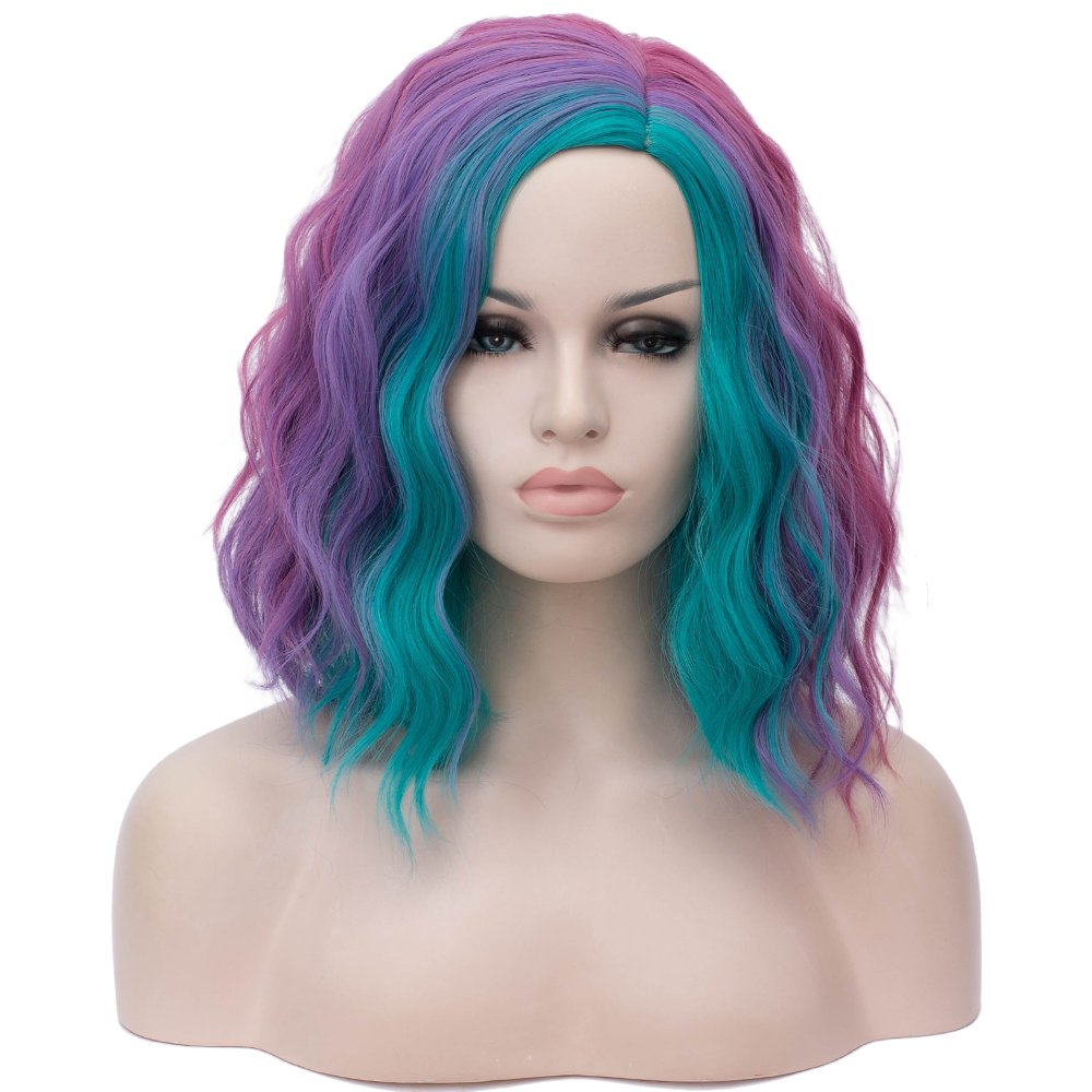 teal blue and purple wig HAIR Synthetic Curly Bob Wig with Bangs Short Bob Wavy Hair Wigs Wine Red Color Wigs for Women Bob Style Synthetic Heat Resistant Bob Wigs.