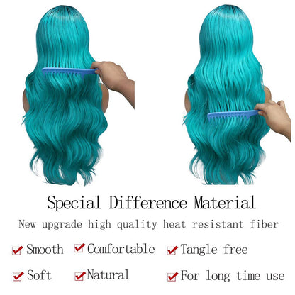 Ombre Black Roots Teal Curly Wig