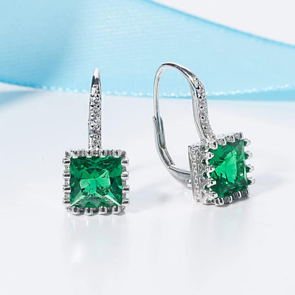 Princess Cut Emerald Green 925 Silver Earrings