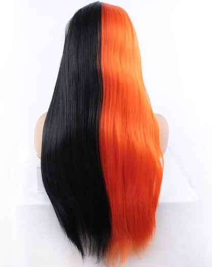Half Black Half Orange Long Straight Lace Front  Wig
