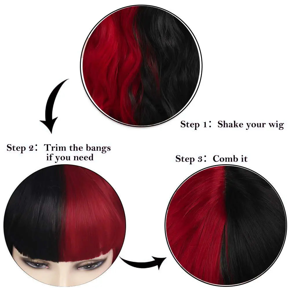 Half Black Half Red Split Dye Hair Wig With Bangs