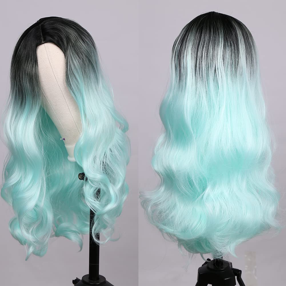 Ombre Mint Green Long Curly Wigs