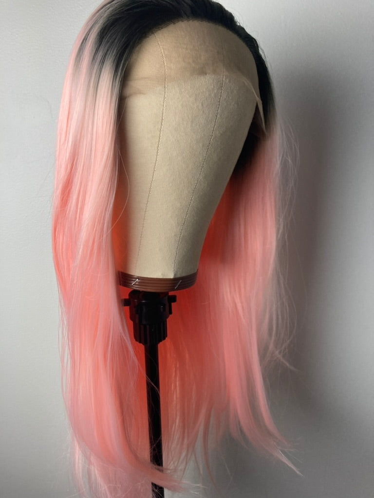 Long Straight Black Roots-Pink Lace Front Wig