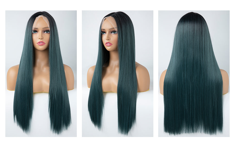 Ombre Green Long Straight Lace Front Wigs