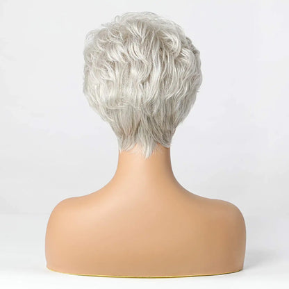 Short Silver Human Hair ,Synthetic Blend Pixie Cut Wigs
