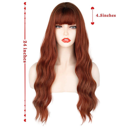 Ombre Auburn  Long Orange Wig with Bangs Wavy Curly Ginger Bangs Wig