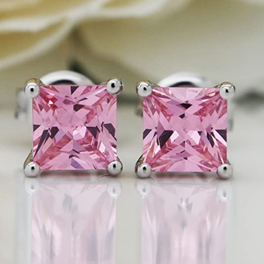 Created Pink Topaz 925 Streling SIlver Stud Earrings