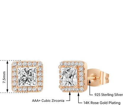 14K Gold Plated Sterling Silver Post Brilliant Round Faux Diamond Princess Cut Earrings - Premium Cubic Zirconia in Rose Gold