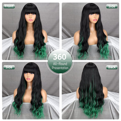Long Black and Green Wig with Bangs,Long Green Wigs for Women,Green and Black Wavy Wig 