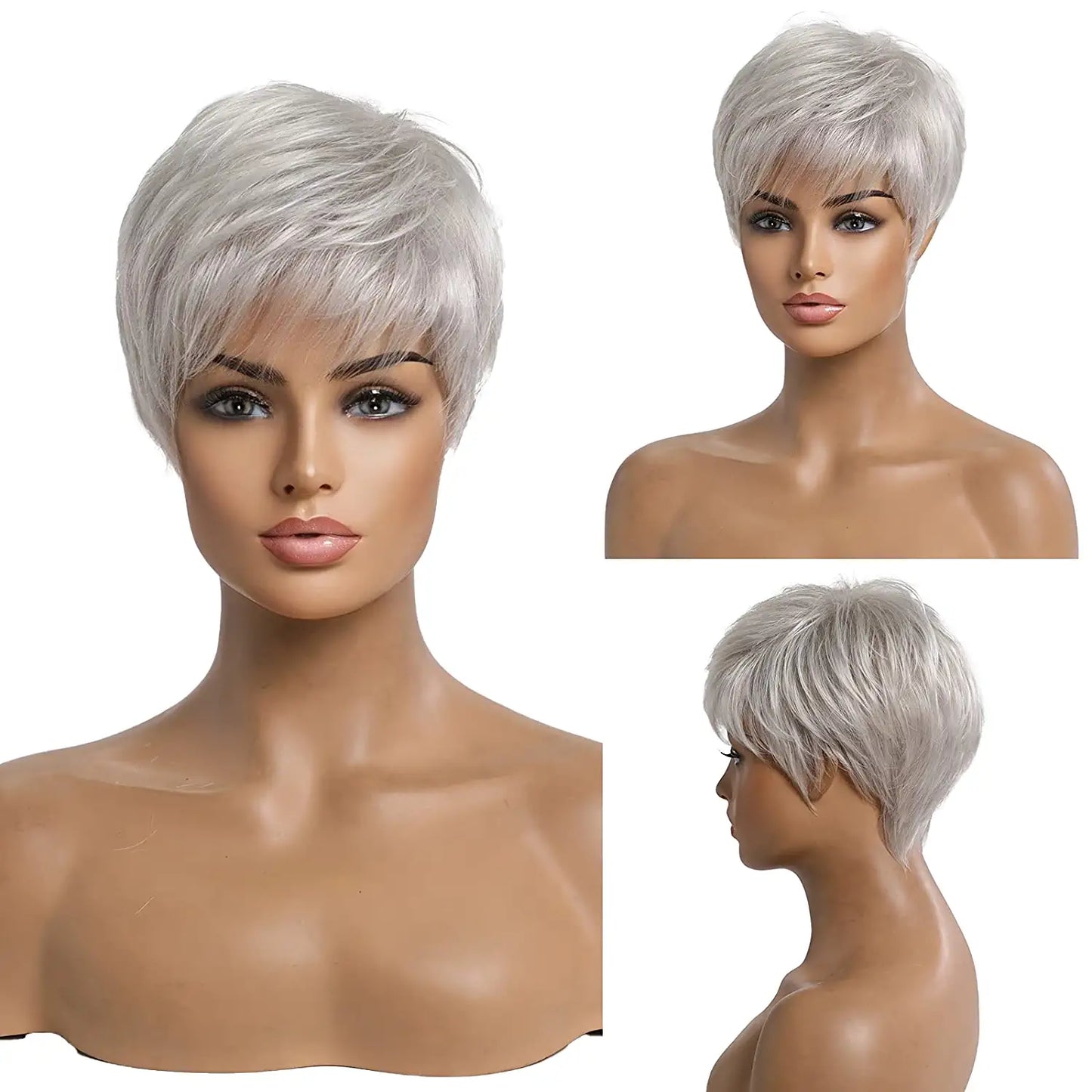 Short Silver Human Hair Blend Wigs for Women