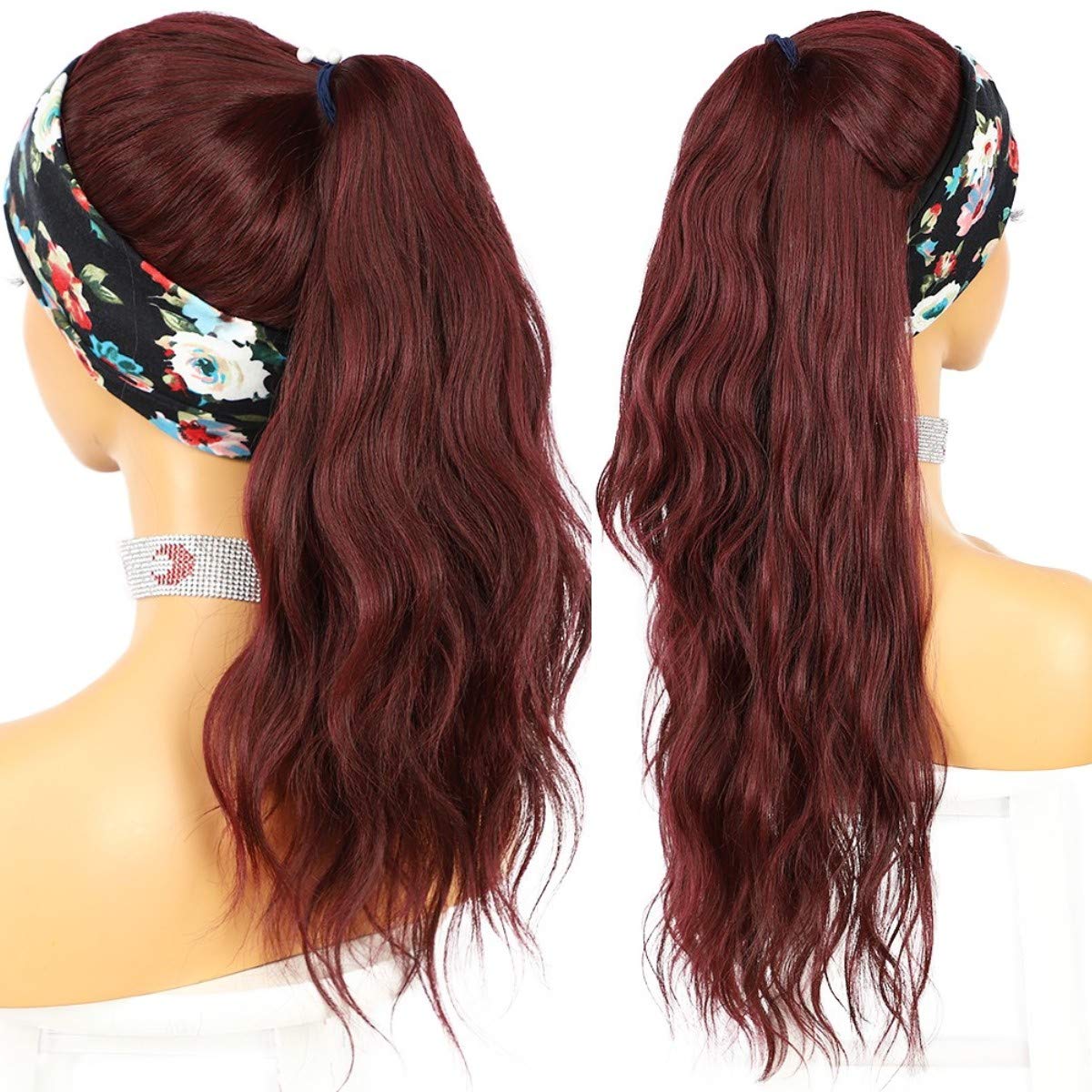 Long Wavy Burgundy Red Headband Wigs for Women