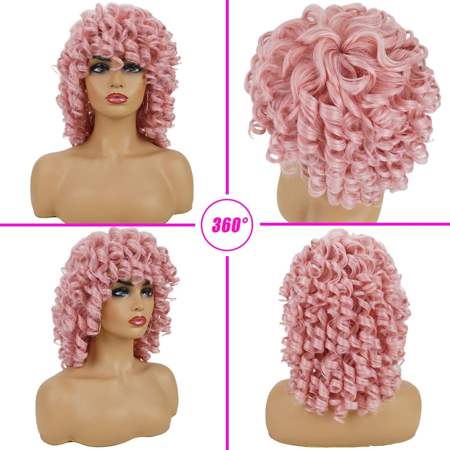 Pink Afro Curly Wig With Bangs
