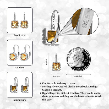 Created Citrine Princess Cut 925 Silver Earrings