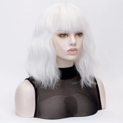 Ivory Snow White Wavy Hair Wig with Bang