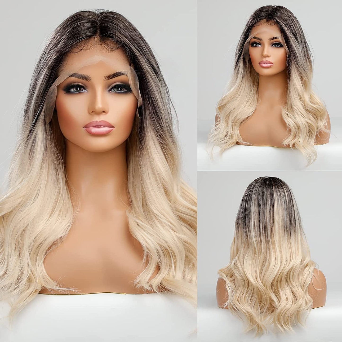 Black Roots Blonde Wavy Lace Front Wig