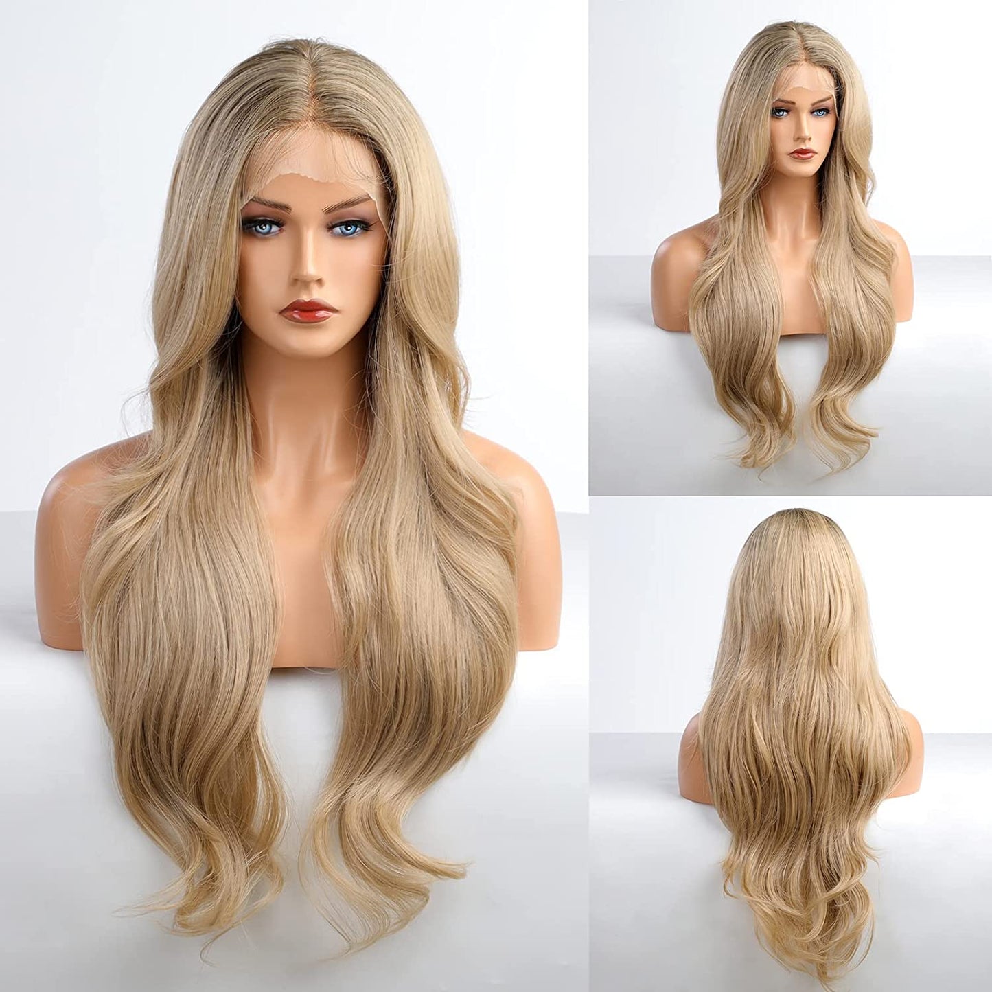 Long Golden Blonde Natural Wavy Lace Closure Wigs