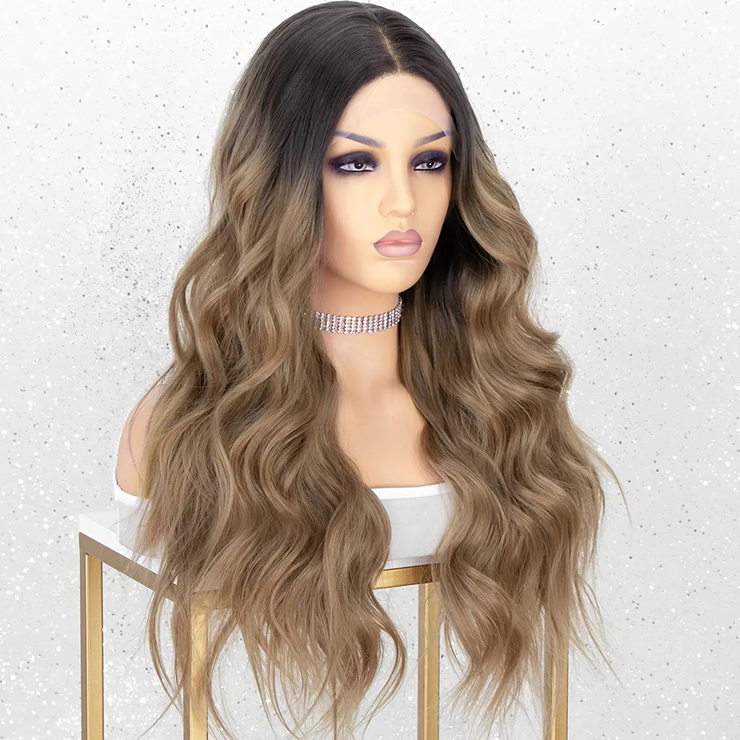 with Dark Roots Ombre Long Wavy Synthetic Wig for Women